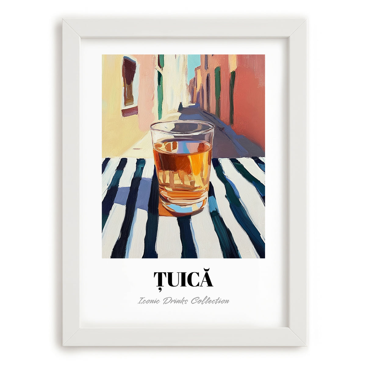 Țuică – Romanian Street Café Scene, Romanian Spirit Wall Decor, placed in minimal white frame