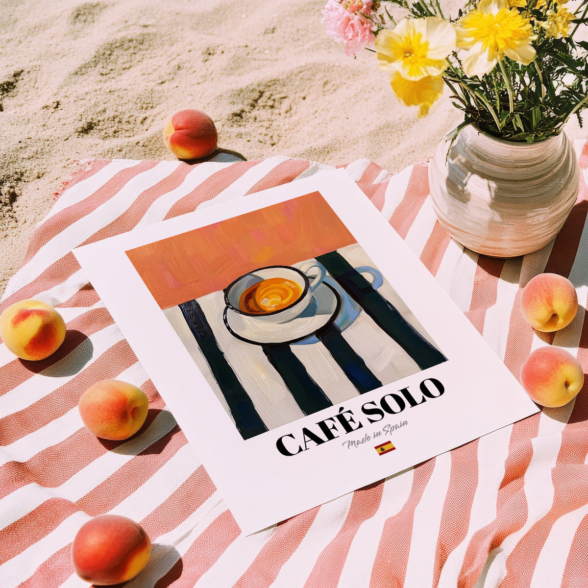 Café Solo – Spanish Coffee, Coffeehouse Wall Art, unframed on coastal sand