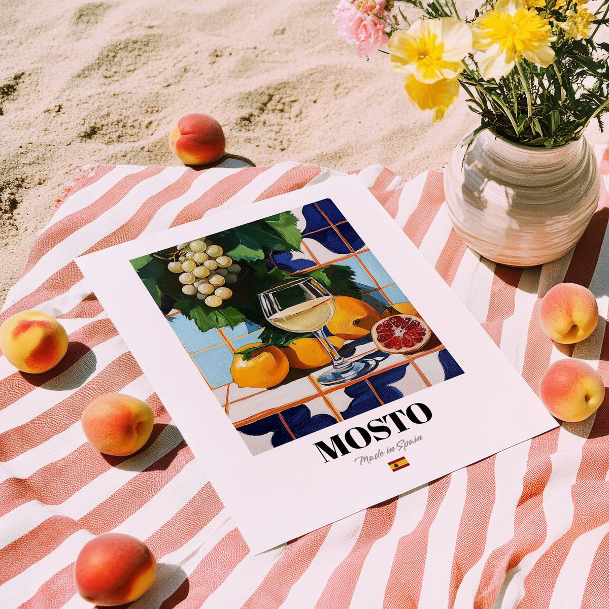 Mosto – Spanish Beverage Drink, Beach Bar Poster, unframed on coastal sand
