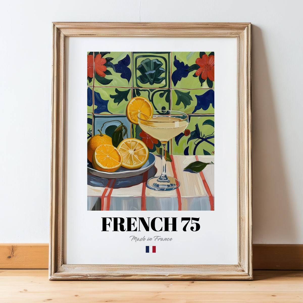 French 75 – French Cocktail Drink, Beach Bar Art, in wooden frame leaning on the floor