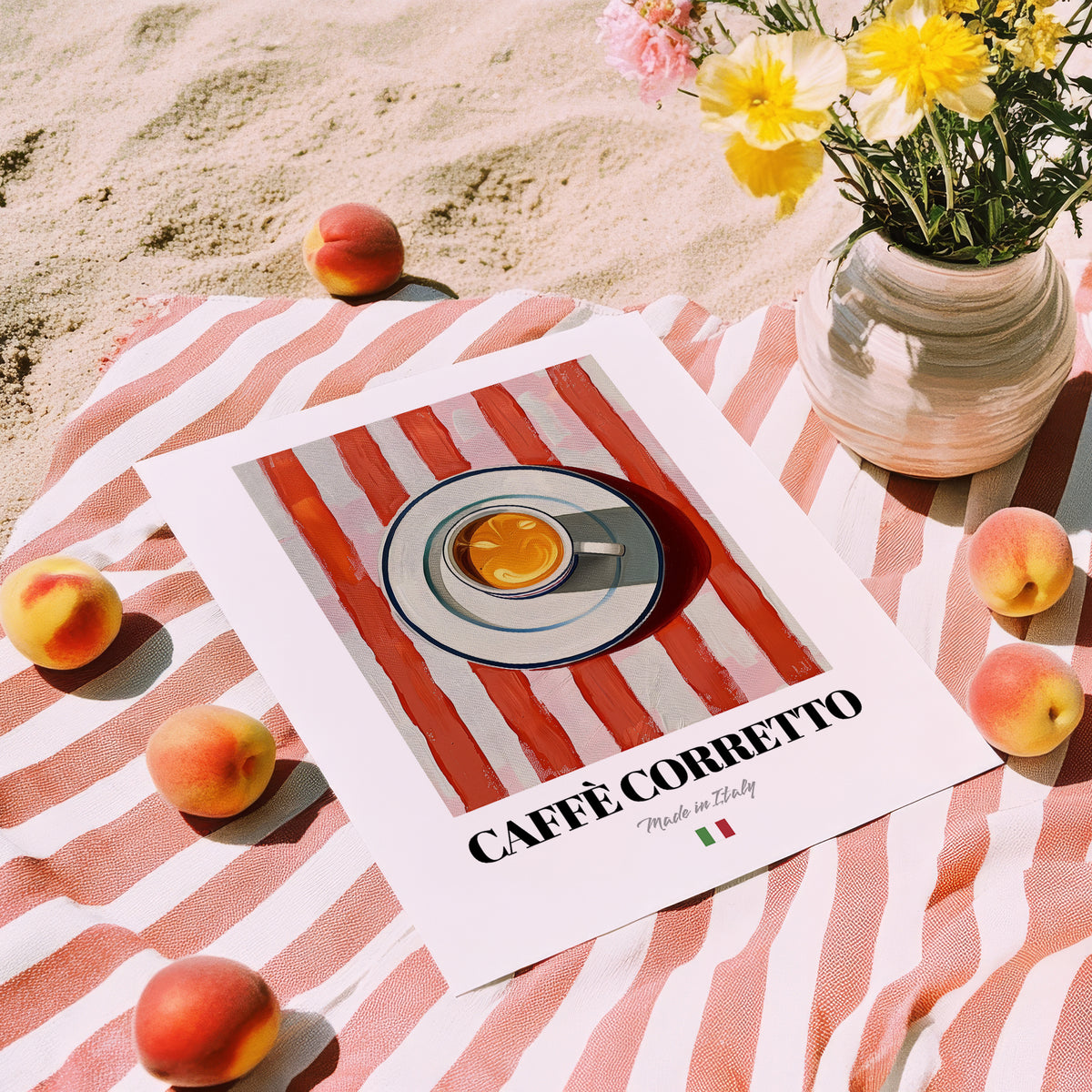 Caffè Corretto – Italian Coffee, Konditorei Poster, unframed on coastal sand