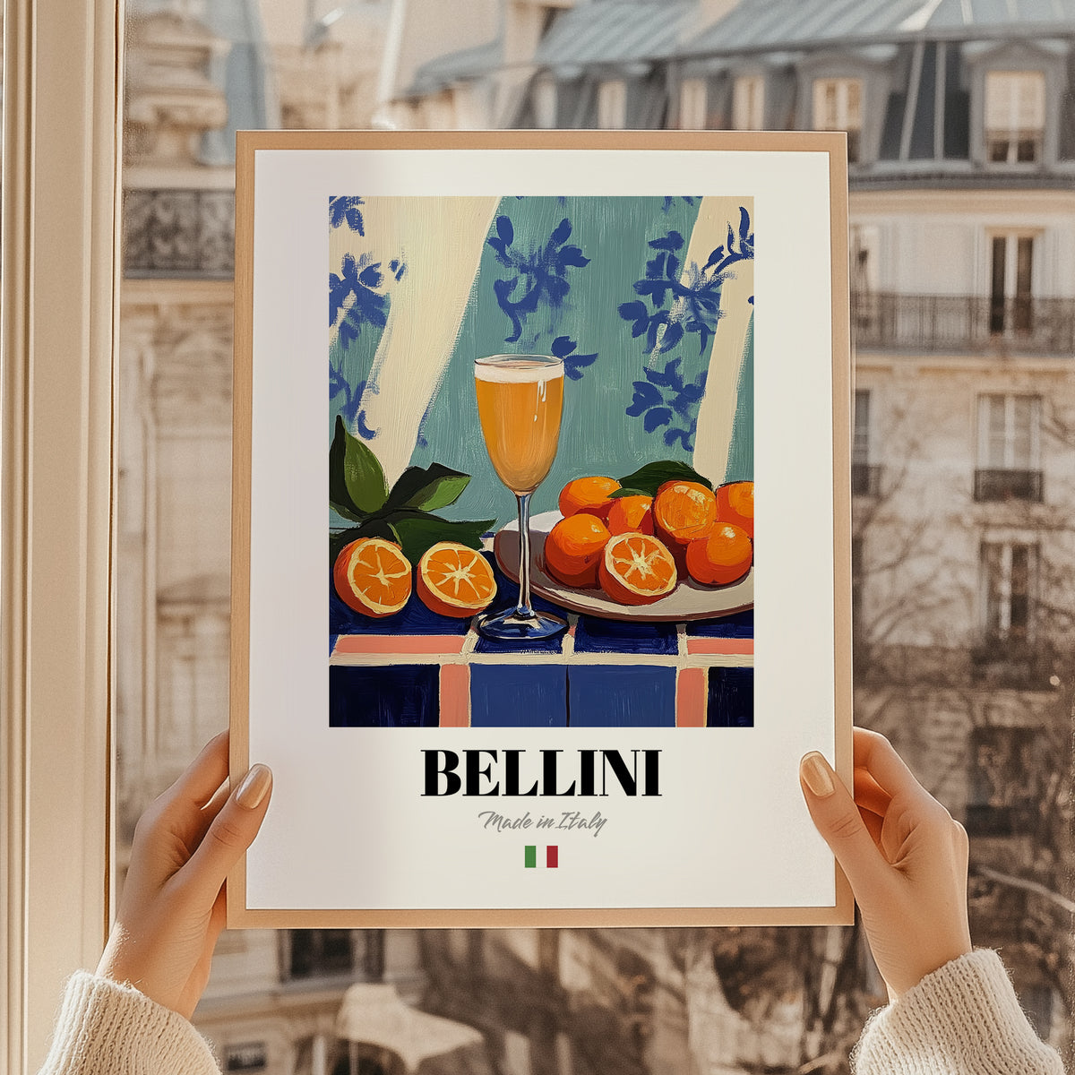 Bellini – Italian Cocktail Drink, Rooftop Terrace Art, styled in a charming Paris street view