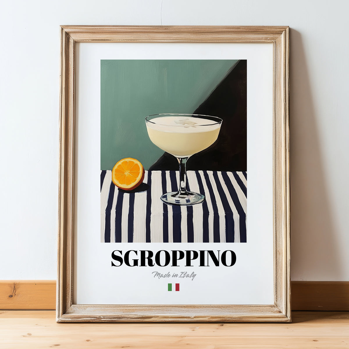Sgroppino – Italian Cocktail Drink, Speakeasy Print, in wooden frame leaning on the floor