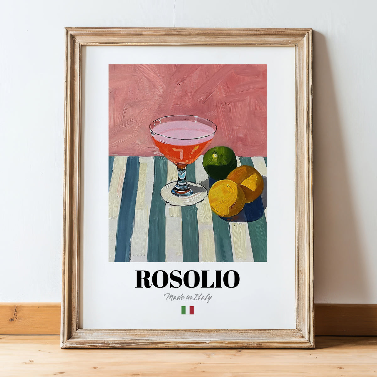 Rosolio – Italian Liqueur Drink, Rooftop Terrace Poster, in wooden frame leaning on the floor