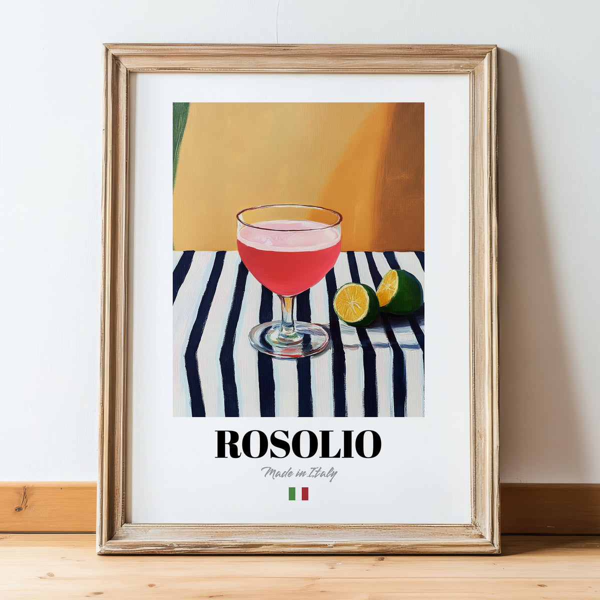 Rosolio – Italian Liqueur Drink, Sky Bar Poster, in wooden frame leaning on the floor