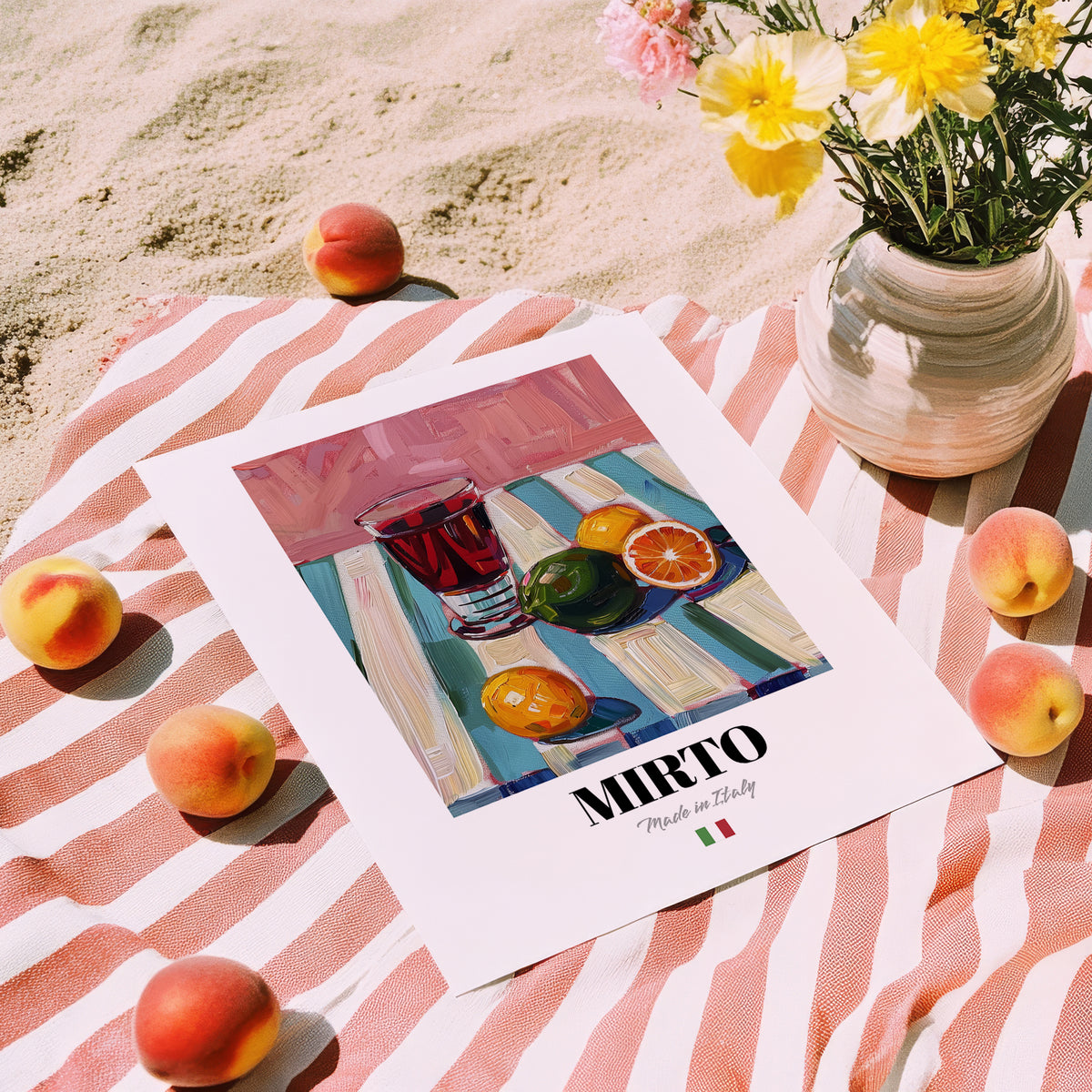 Mirto – Italian Liqueur Drink, Sky Bar Illustration, unframed on coastal sand