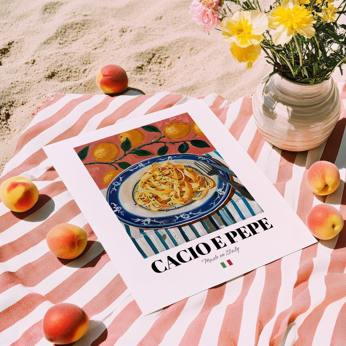 Cacio e Pepe – Italian Pasta, Restaurant Poster, unframed on coastal sand