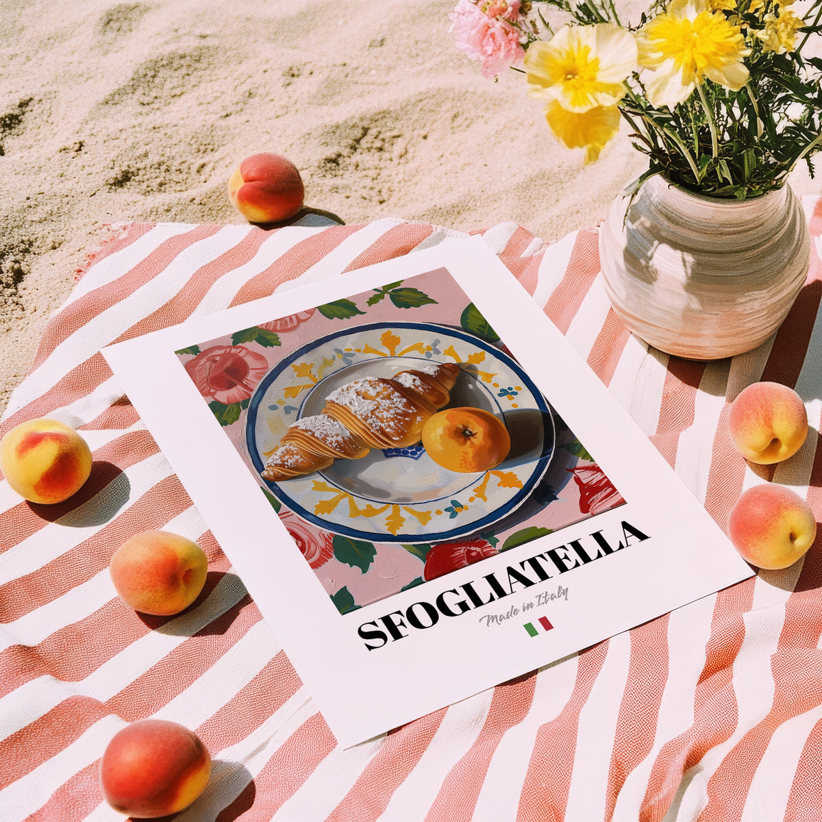 Sfogliatella – Italian Pastry Dish, Restaurant Wall Art, unframed on coastal sand