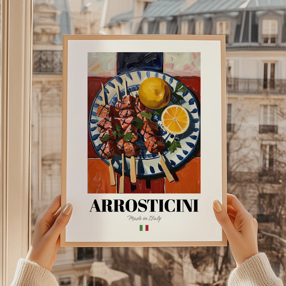 Arrosticini – Italian Meat Dish, Brasserie Print, styled in a charming Paris street view