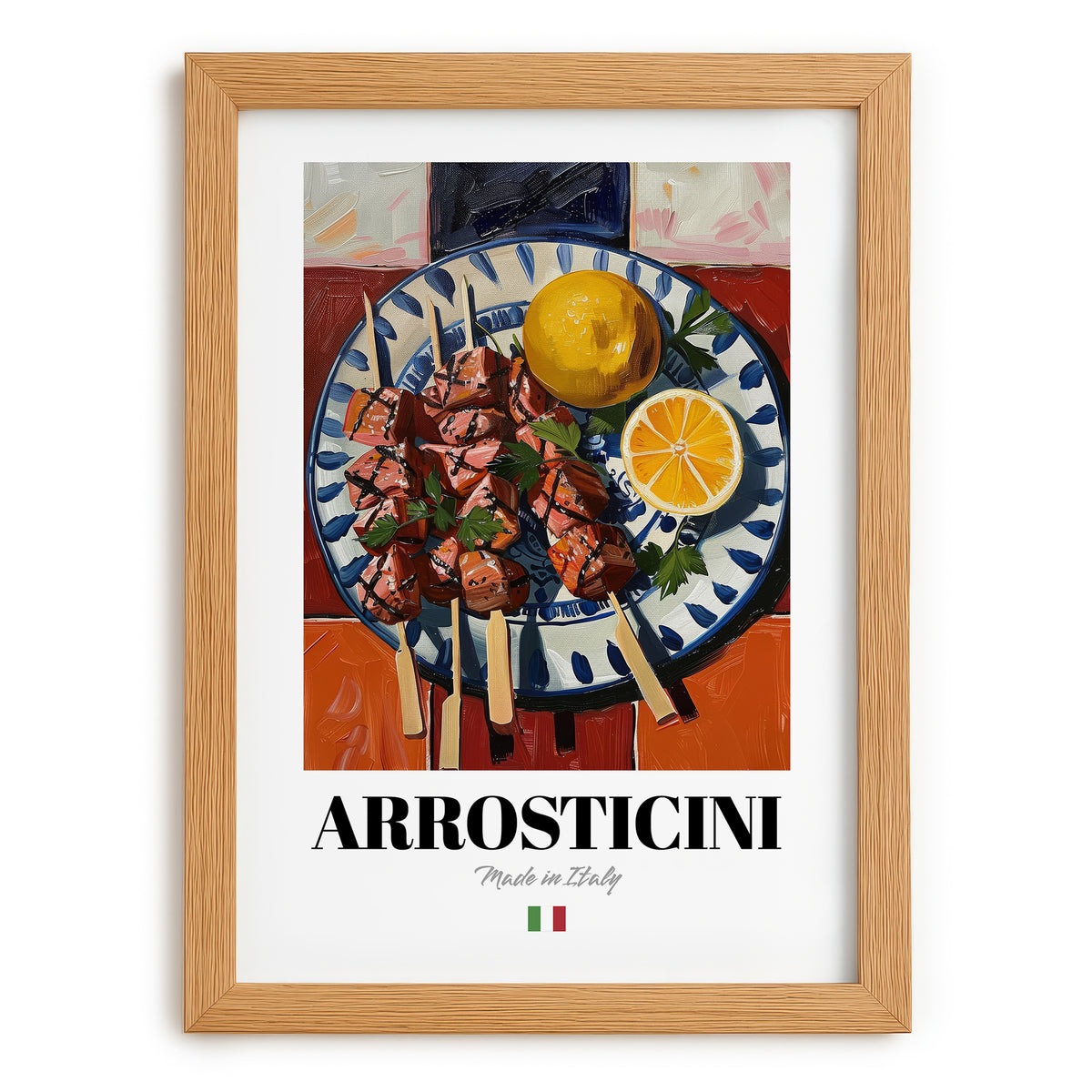 Arrosticini – Italian Meat Dish, Brasserie Print, set in oak frame