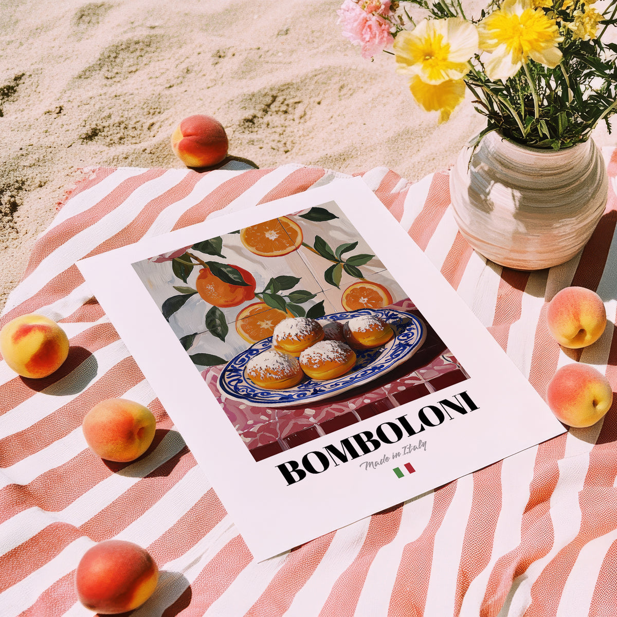 Bomboloni – Italian Pastry Dish, Restaurant Painting, unframed on coastal sand
