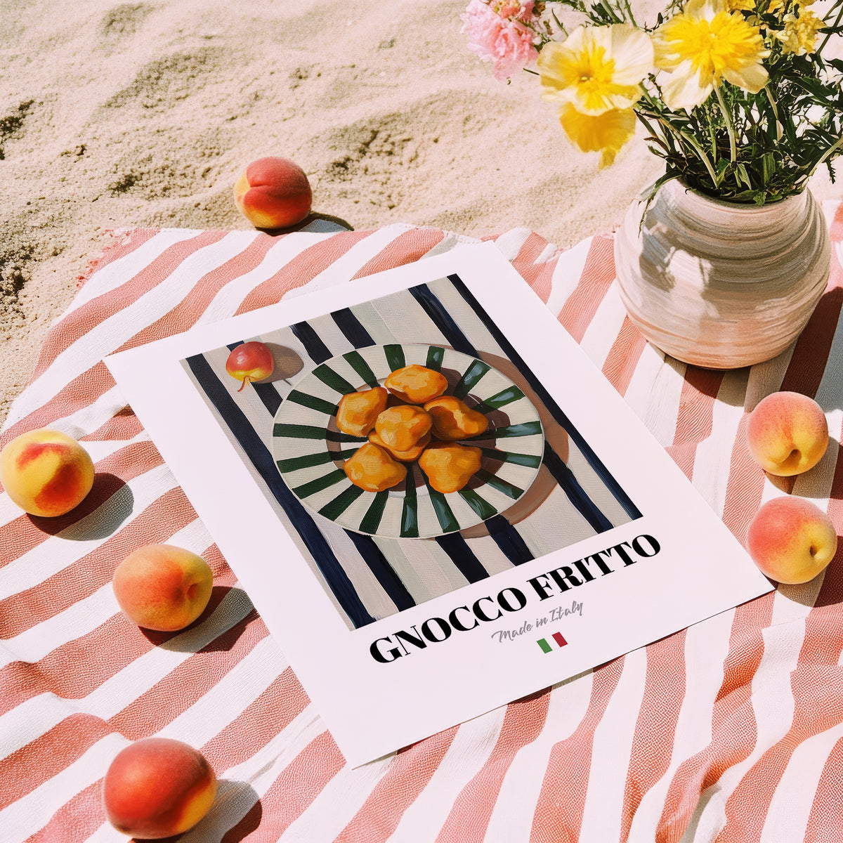 Gnocco fritto – Italian Snack Dish, Tavern Illustration, unframed on coastal sand