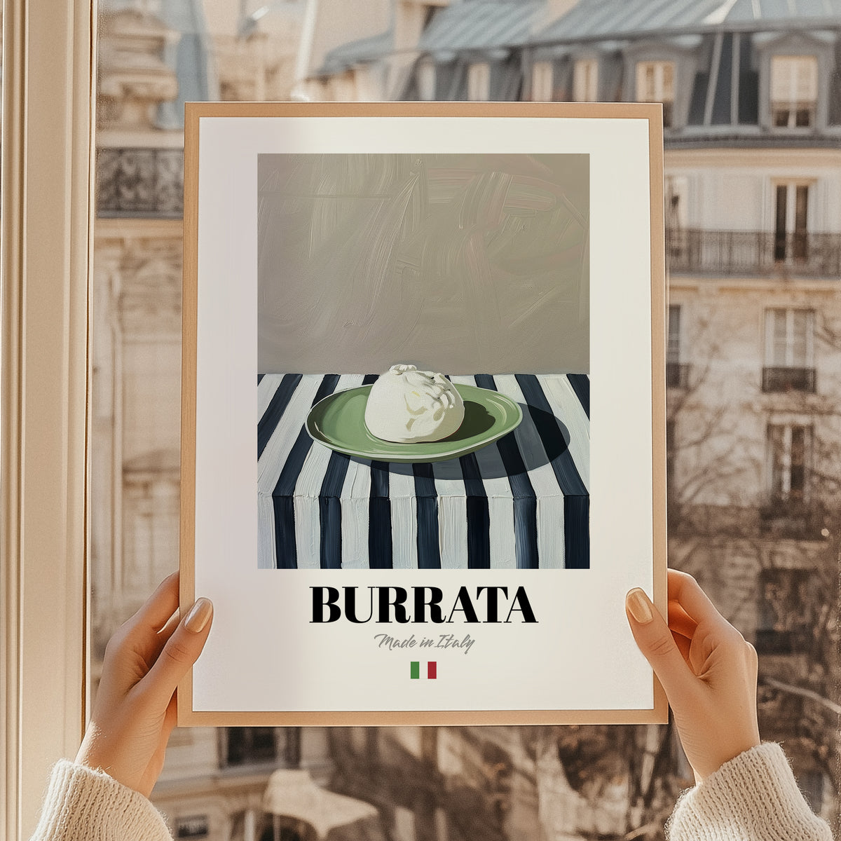 Burrata – Italian Cheese Dish, Bistro Poster, styled in a charming Paris street view