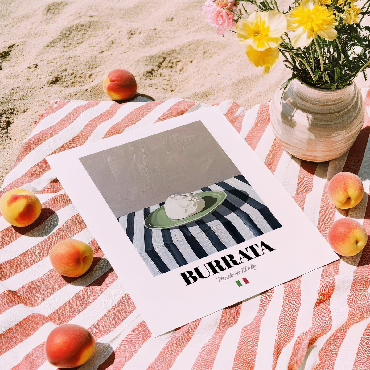 Burrata – Italian Cheese Dish, Bistro Poster, unframed on coastal sand