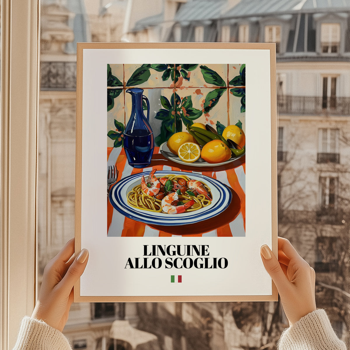 Linguine allo scoglio – Italian Pasta, Osteria Wall Art, styled in a charming Paris street view
