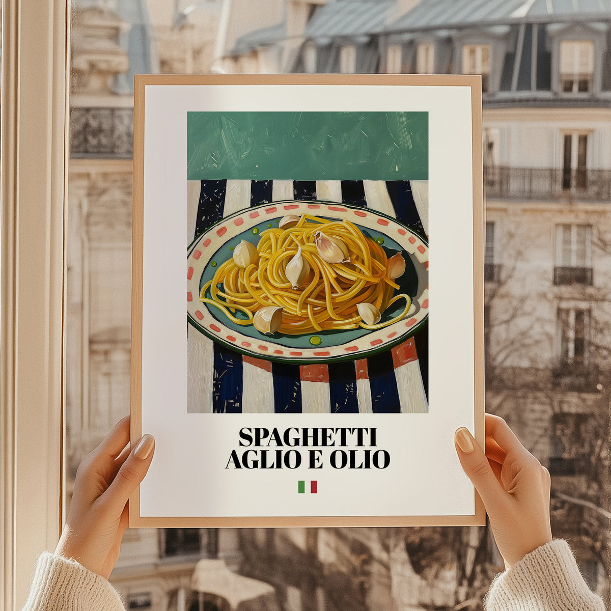 Spaghetti aglio e olio – Italian Pasta, Ristorante Print, styled in a charming Paris street view