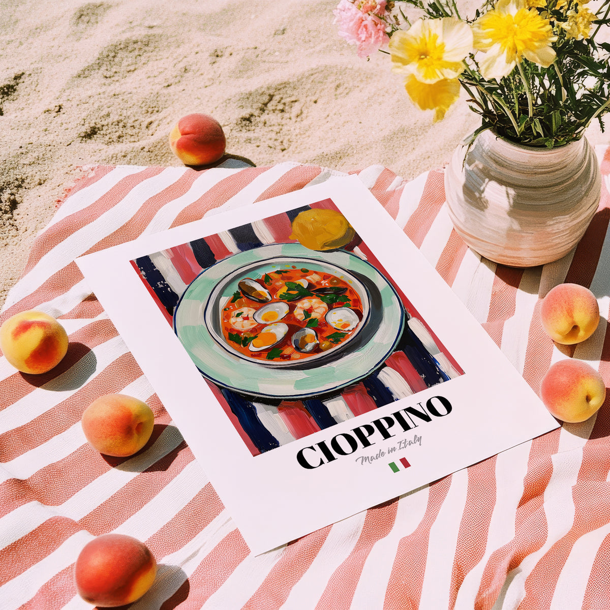 Cioppino – Italian Soup Dish, Farmhouse Kitchen Poster, unframed on coastal sand
