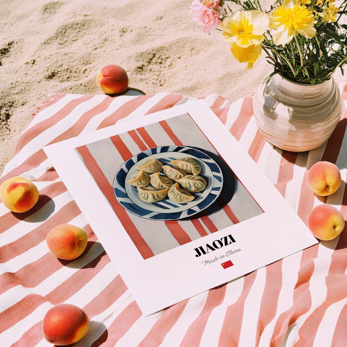 Jiaozi Dumplings – on Striped Tablecloth, Chinese Food Art, unframed on coastal sand