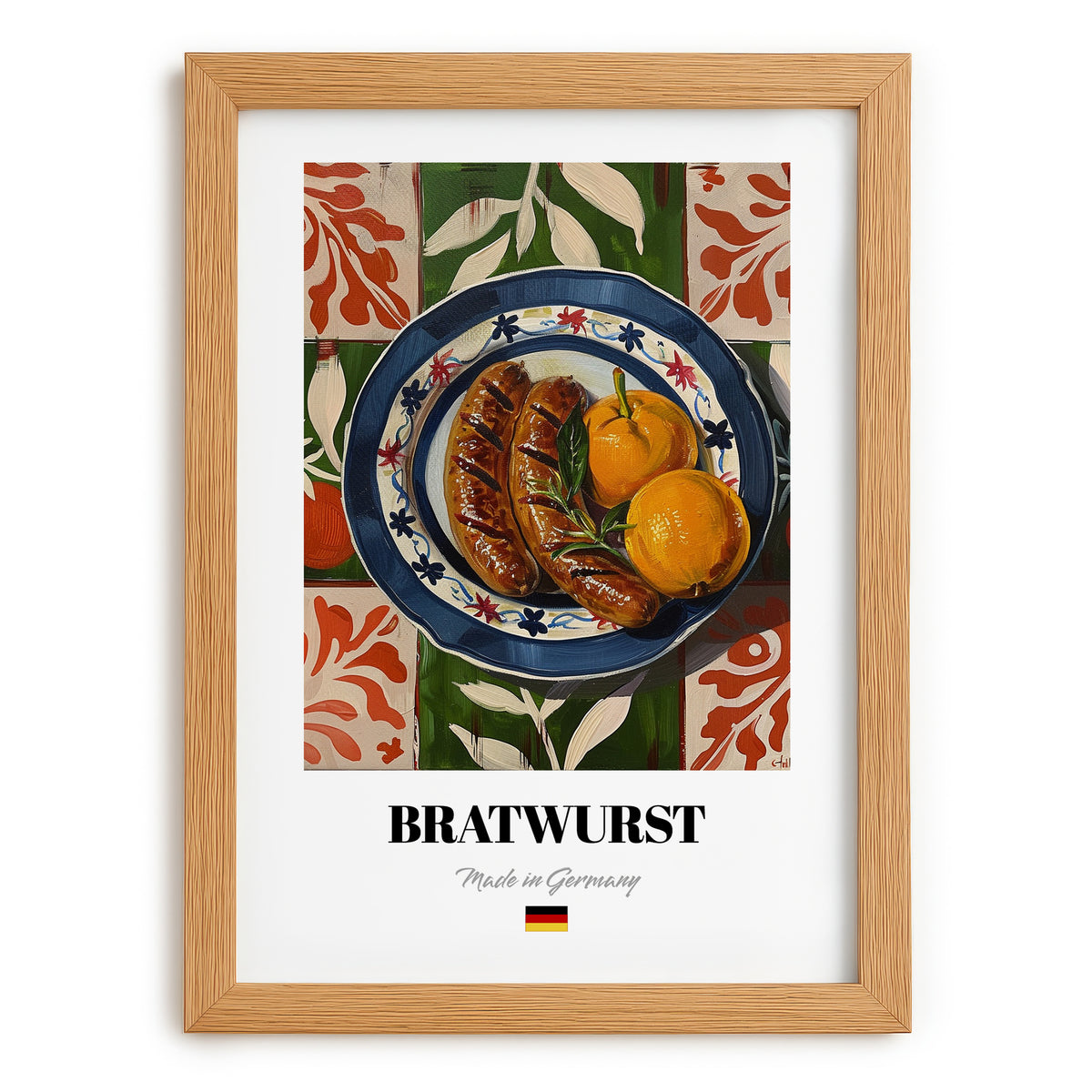 Bratwurst – Colorful Oil Painting, German Food Illustration, set in oak frame