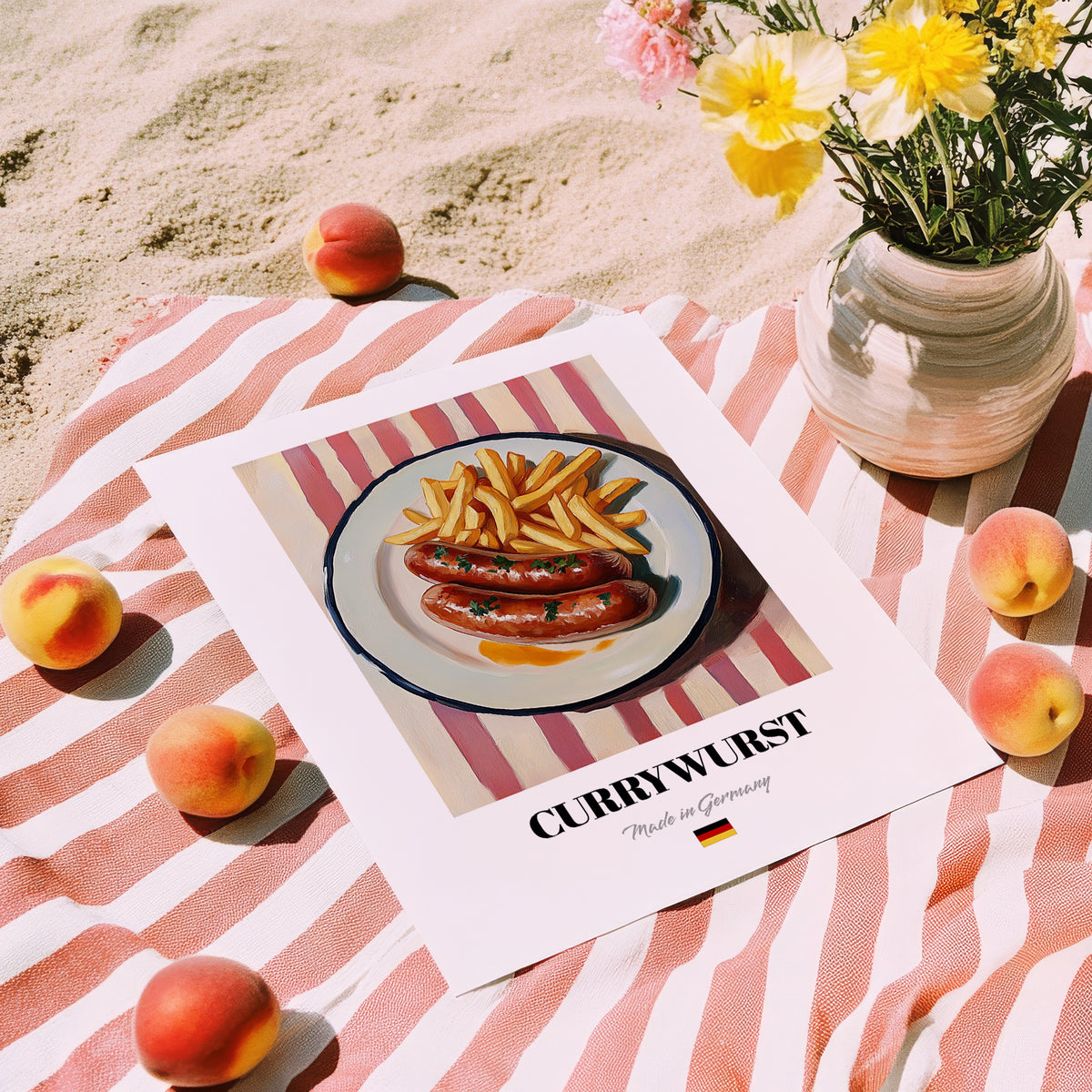 Currywurst – on Striped Tablecloth, German Food Print, unframed on coastal sand