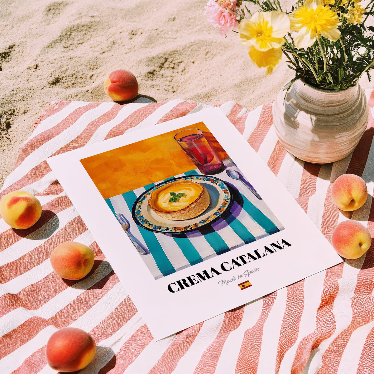 Crema Catalana – Oil Painting, Spanish Dessert Illustration, unframed on coastal sand