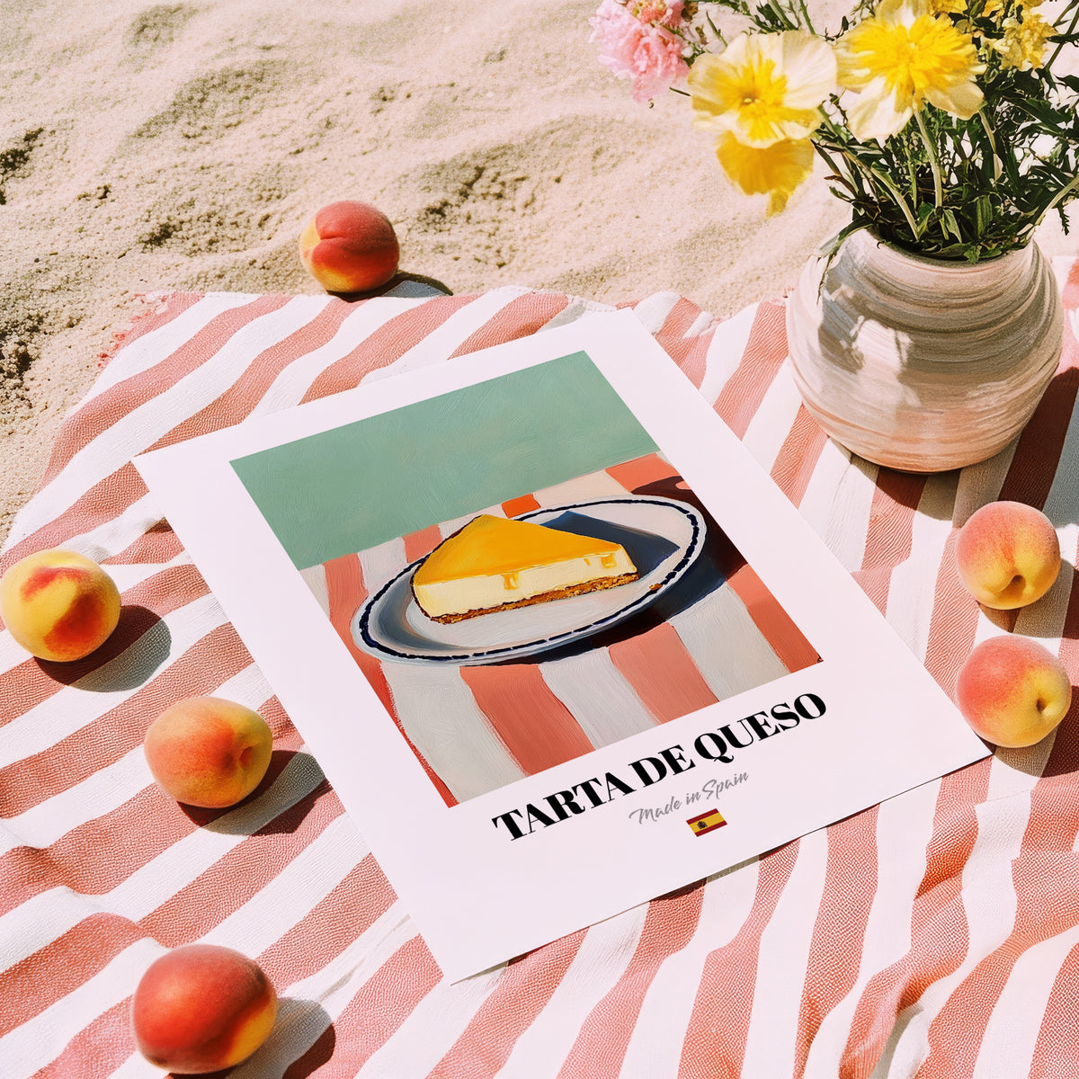 Tarta de Queso (Basque Cheesecake) – on Striped Tablecloth, Spanish Dessert Wall Decor, unframed on coastal sand