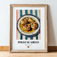 Pollo al Ajillo – on Striped Tablecloth, Spanish Food Wall Art, in wooden frame leaning on the floor