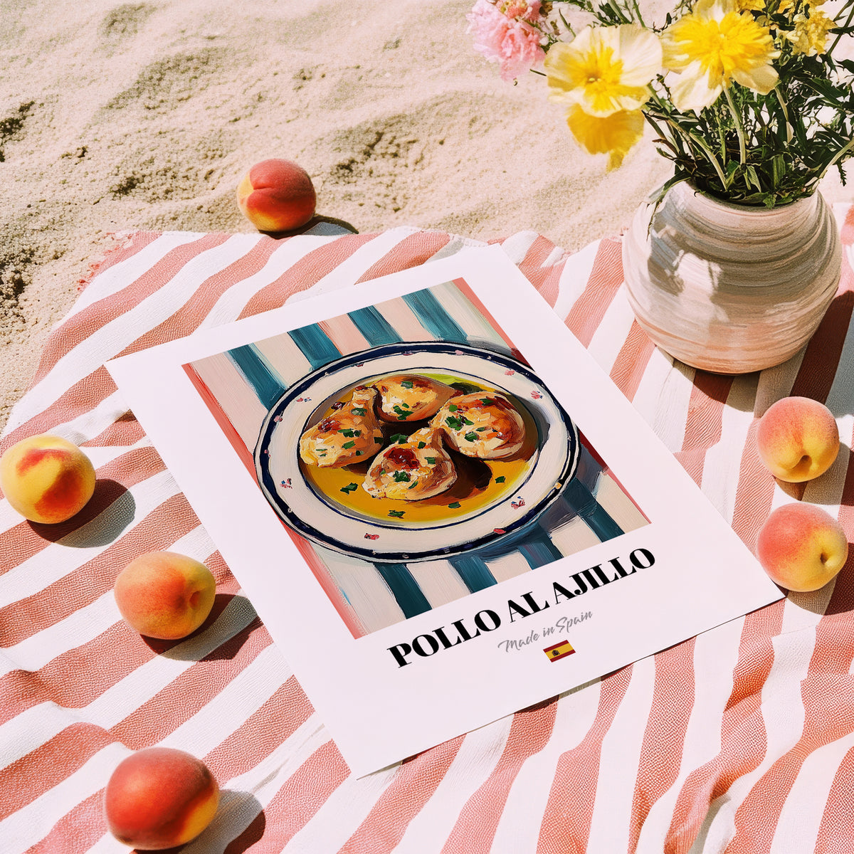 Pollo al Ajillo – on Striped Tablecloth, Spanish Food Wall Art, unframed on coastal sand