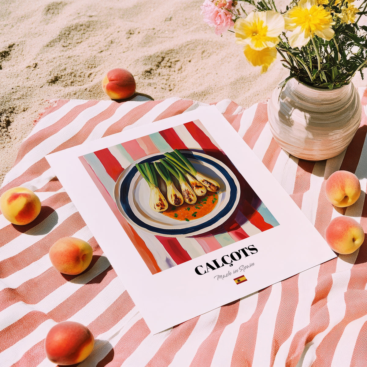 Calçots – on Striped Tablecloth, Spanish Food Still Life, unframed on coastal sand