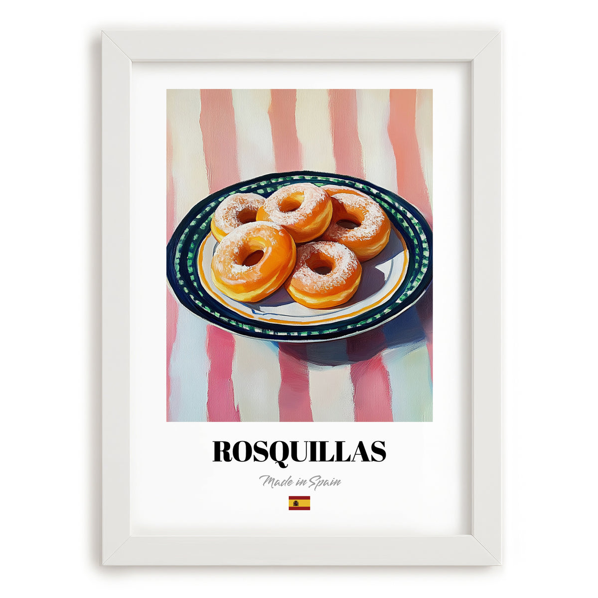 Rosquillas – on Striped Tablecloth, Spanish Dessert Illustration, placed in minimal white frame