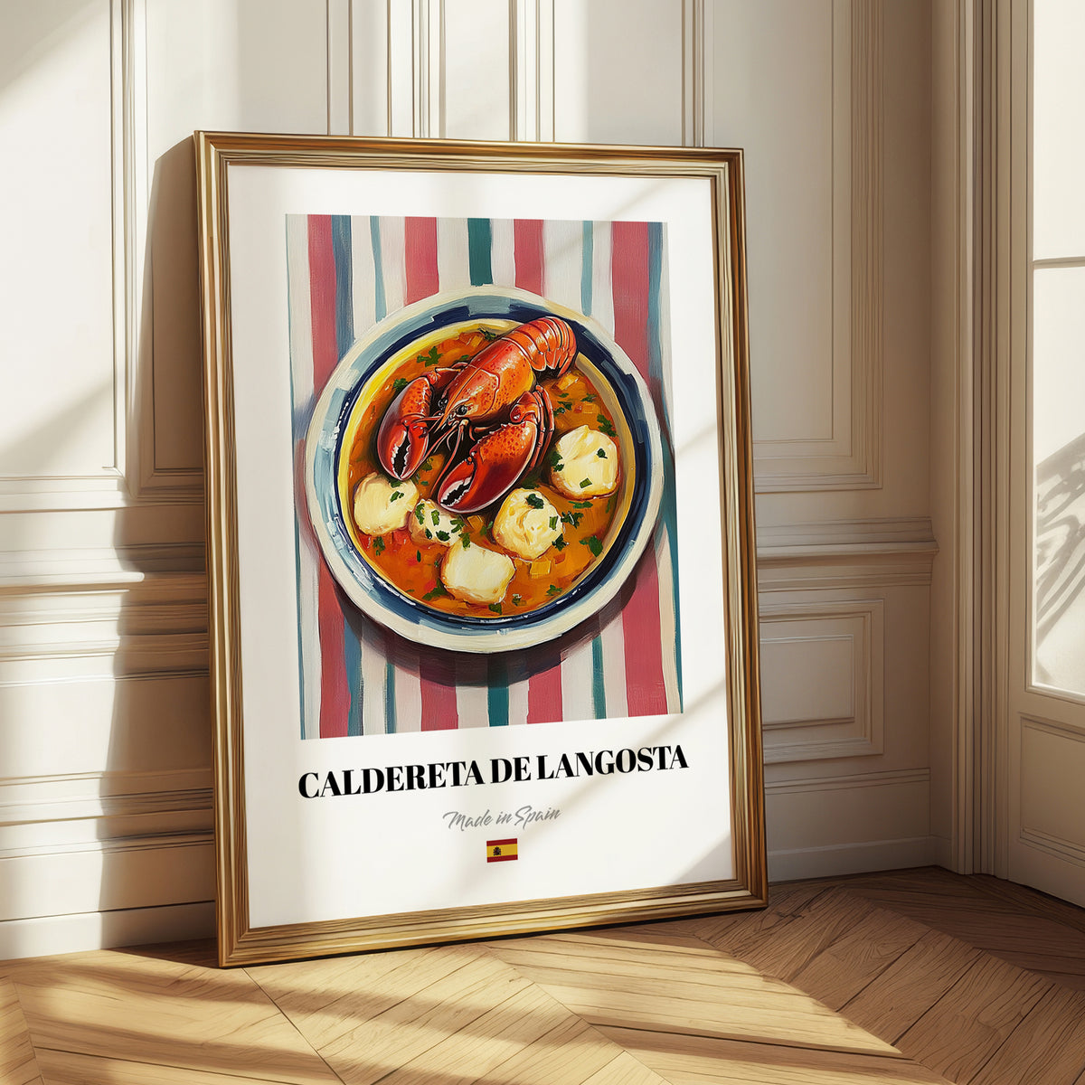 Caldereta de Langosta – on Striped Tablecloth, Spanish Food Painting