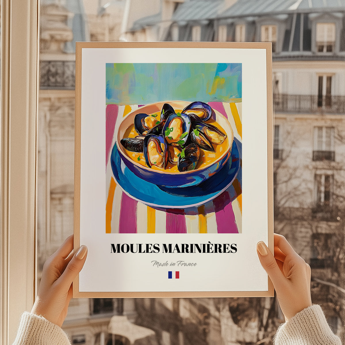 Moules Marinières – Colorful Oil Painting, French Food Wall Decor, styled in a charming Paris street view
