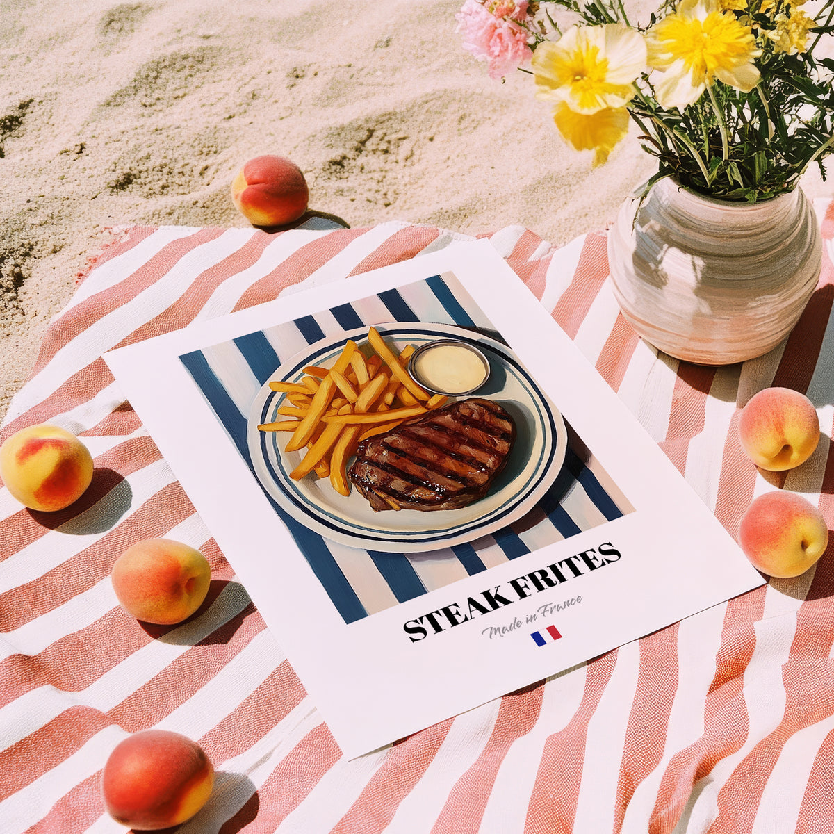 Steak Frites – on Striped Tablecloth, French Food Painting, unframed on coastal sand