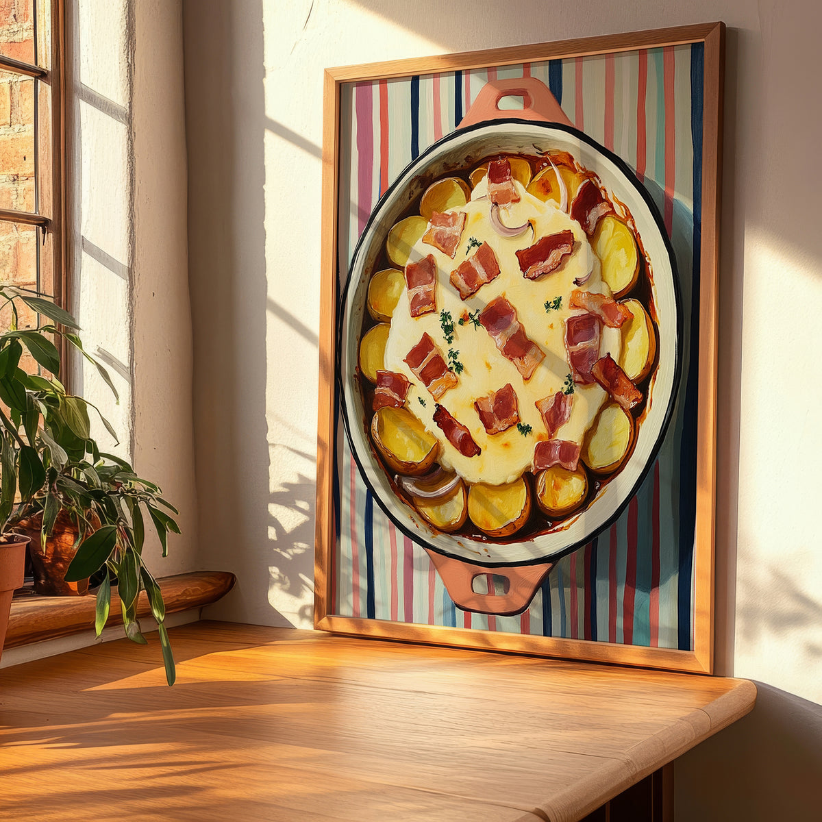 Tartiflette – on Striped Tablecloth, French Food Wall Decor, clean layout with no caption