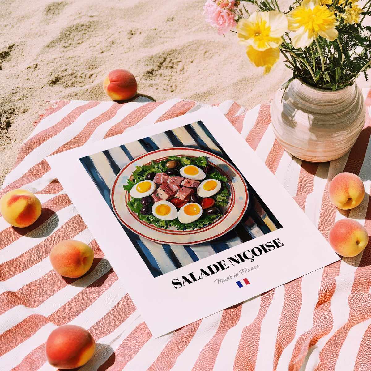 Salade Niçoise – on Striped Tablecloth, French Food Painting, unframed on coastal sand