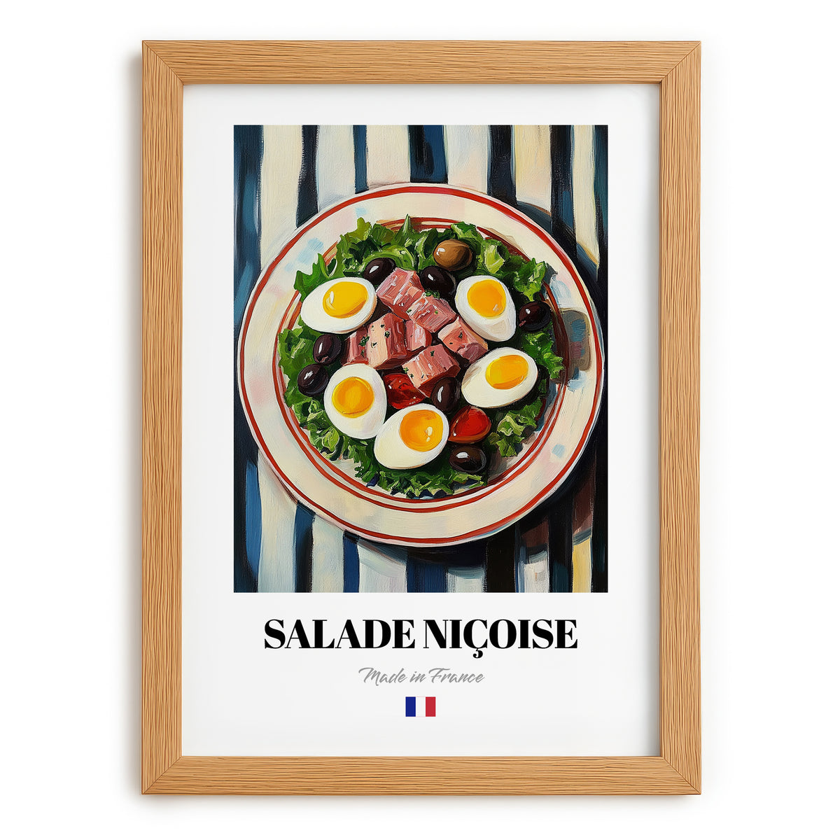 Salade Niçoise – on Striped Tablecloth, French Food Painting, set in oak frame