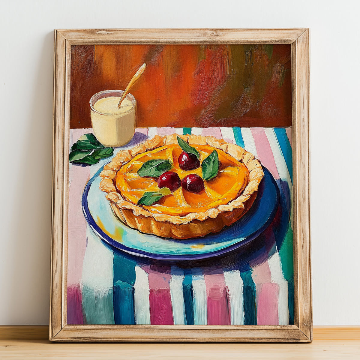 Tarte Tatin – Colorful Oil Painting, French French Dessert Still Life, no-text version framed in wood