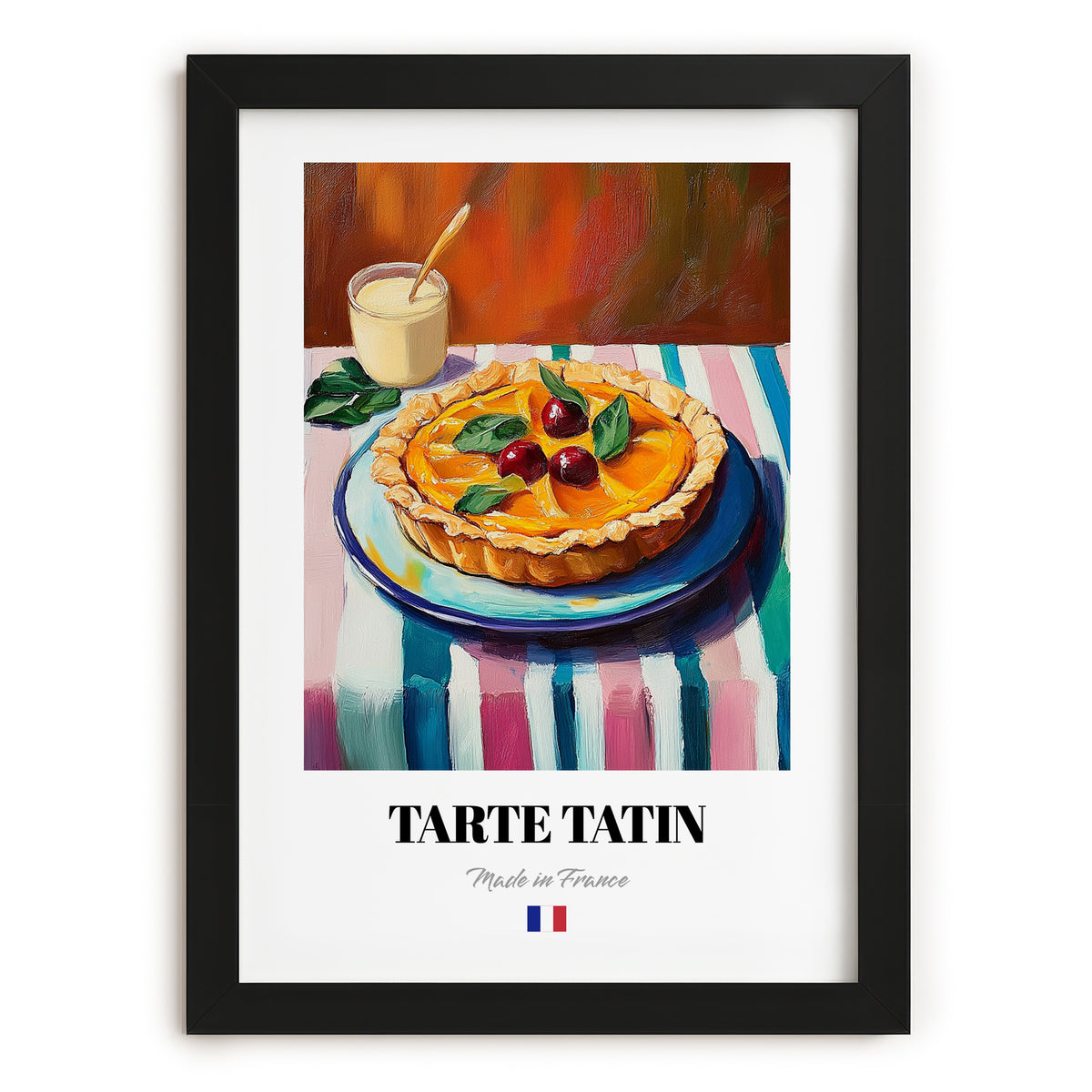 Tarte Tatin – Colorful Oil Painting, French French Dessert Still Life, in sleek black frame