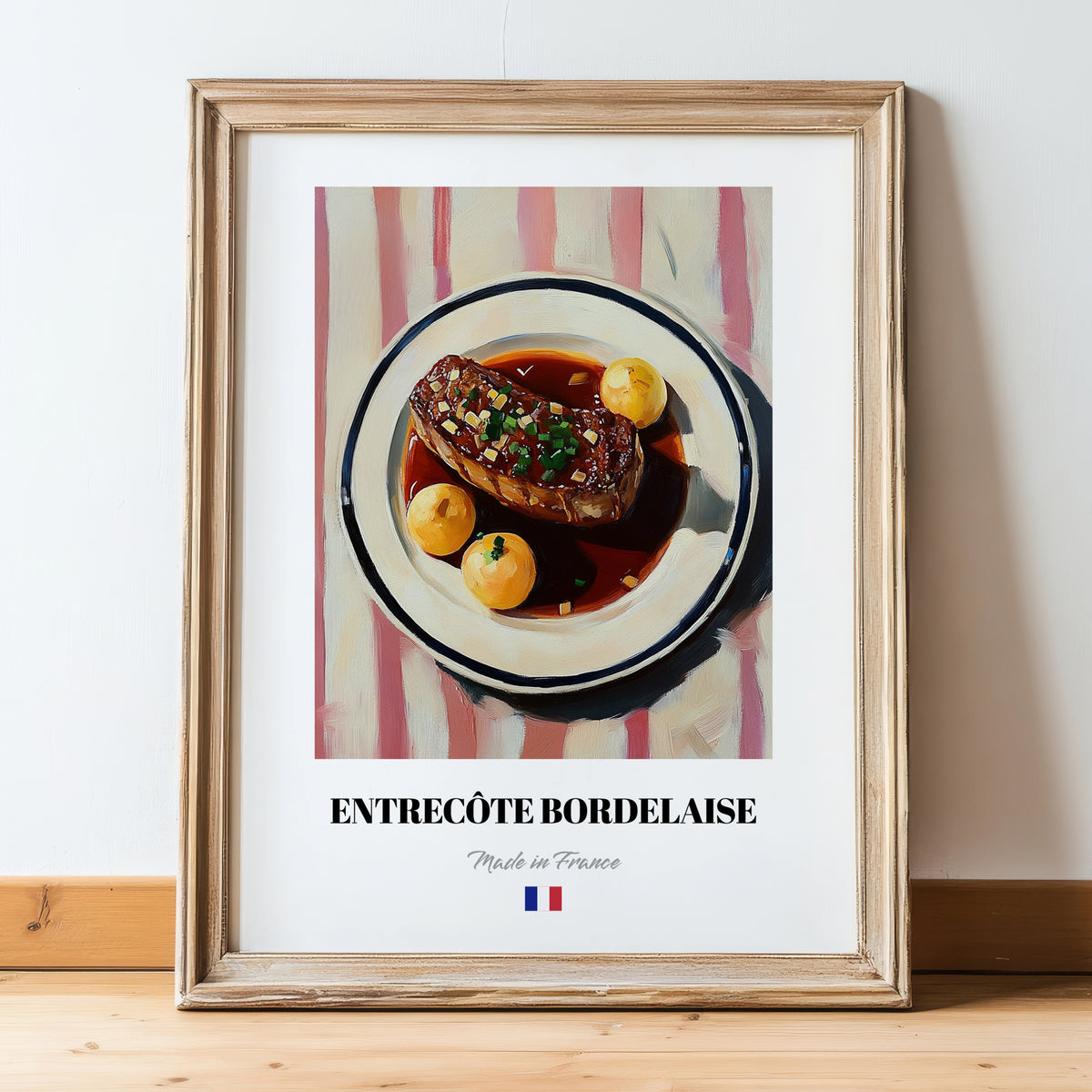 Entrecôte Bordelaise – Art, French Food Wall Decor, in wooden frame leaning on the floor