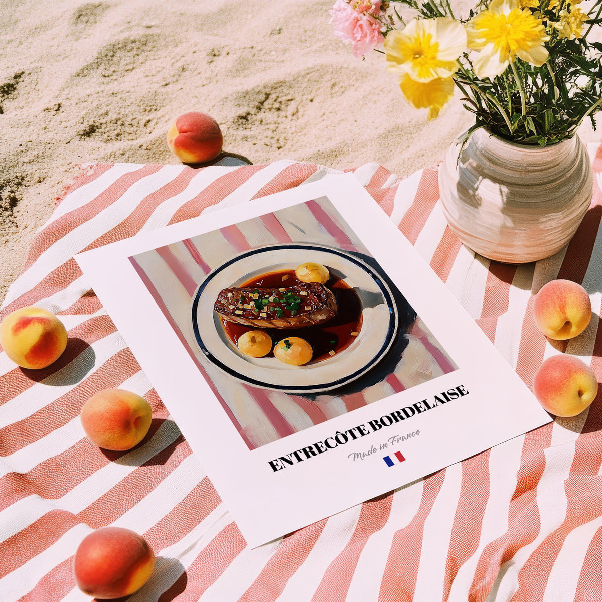Entrecôte Bordelaise – Art, French Food Wall Decor, unframed on coastal sand