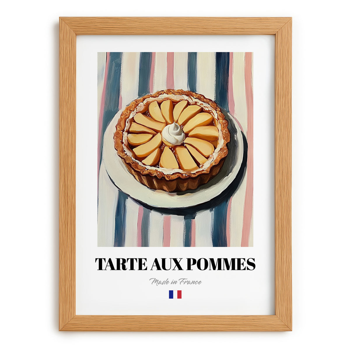 Tarte aux Pommes – on Striped Tablecloth, French French Dessert Wall Decor, set in oak frame