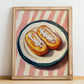 Pain Perdu – on Striped Tablecloth, French French Dessert Still Life, no-text version framed in wood