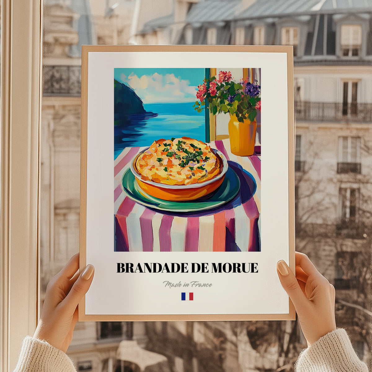 Brandade de Morue – Art, French Food Print, styled in a charming Paris street view