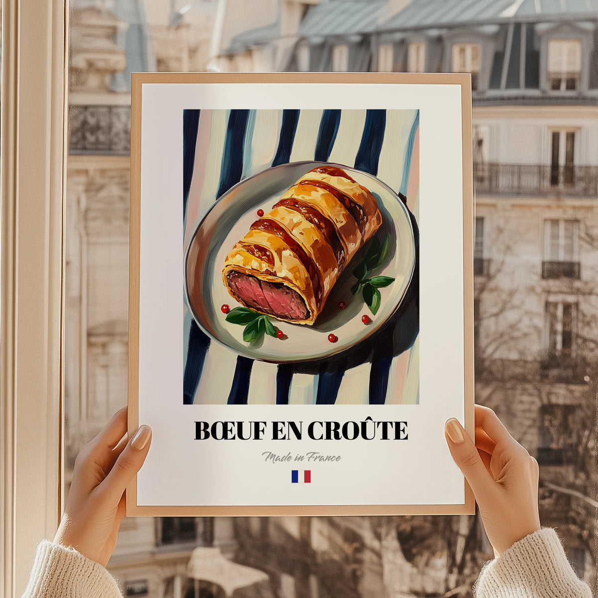 Bœuf en Croûte – on Striped Tablecloth, French Food Art, styled in a charming Paris street view