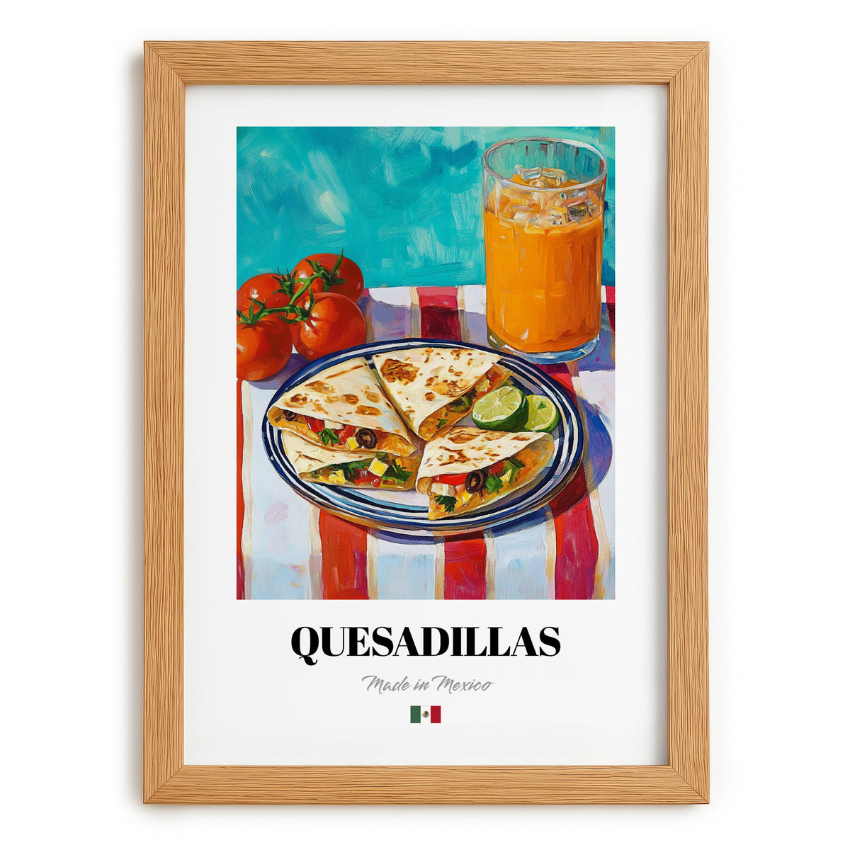 Quesadillas – Colorful Oil Painting, Mexican Cheese Painting, set in oak frame