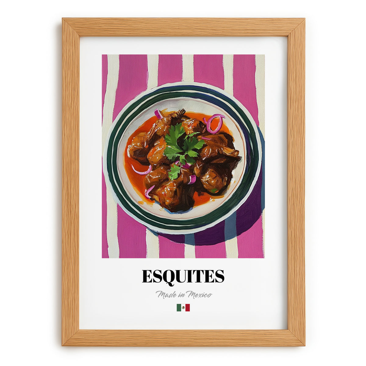 Esquites – on Striped Tablecloth, Mexican Food Print, set in oak frame