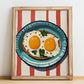 Huevos Rancheros – on Striped Tablecloth, Mexican Food Illustration, no-text version framed in wood
