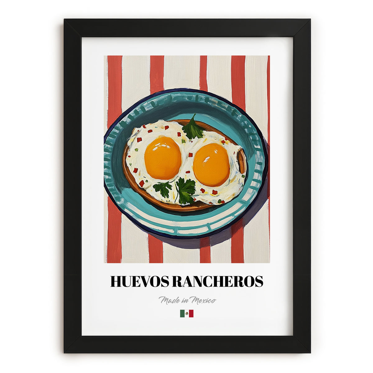Huevos Rancheros – on Striped Tablecloth, Mexican Food Illustration, in sleek black frame