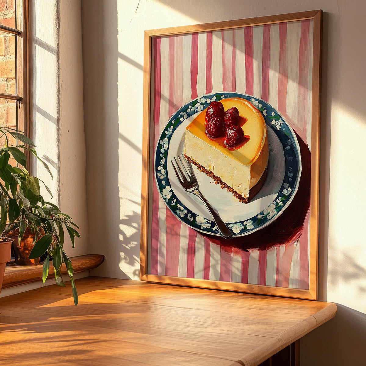 Sernik – on Striped Tablecloth, Polish Dessert Art, clean layout with no caption