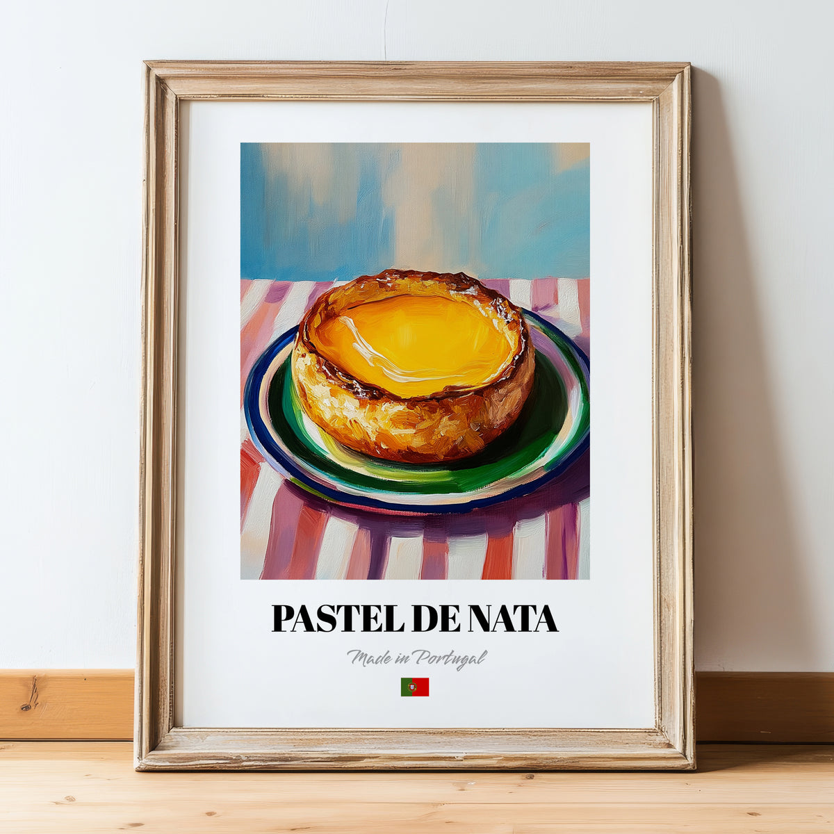 Pastel de Nata – Oil Painting, Portuguese Dessert Print, in wooden frame leaning on the floor